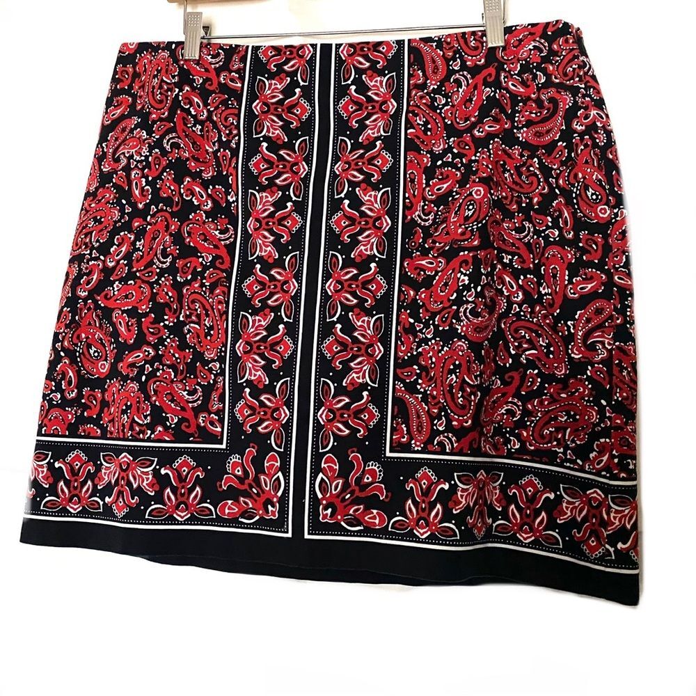 Talbots Cotton Skirt Red Black Print Knee Length Size 16 Woman Plus Career